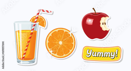 A vector sticker pack featuring a glass of orange juice, a sliced orange, and a unique red and green apple. Includes a 'Yummy!' text sticker on a pale green background.