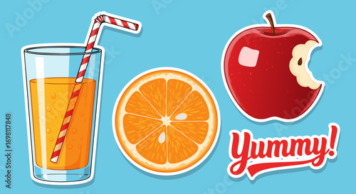 A set of cute vector stickers on a blue background. Includes a glass of orange juice, a sliced orange, a bitten red apple, and the word 'Yummy!'. Perfect for food and drink concepts.