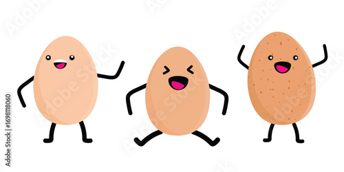 Egg character set collection. Smiling and happy eggs. Cute eggs with kawaii funny face cartoon
