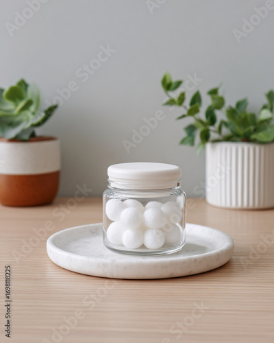 Glass Jar with White Balls on Marble Tray with Green Plants