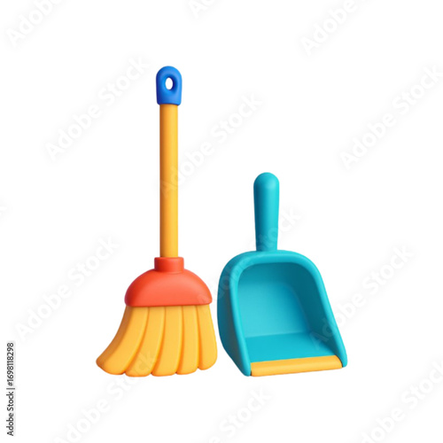 Colorful cartoon broom and dustpan isolated on transparent background