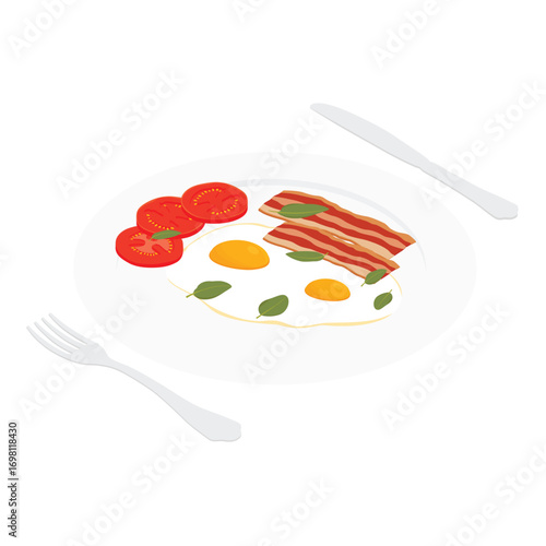 Fried eggs, bacon and tomatoes on plate, with fork and knife. English Breakfast