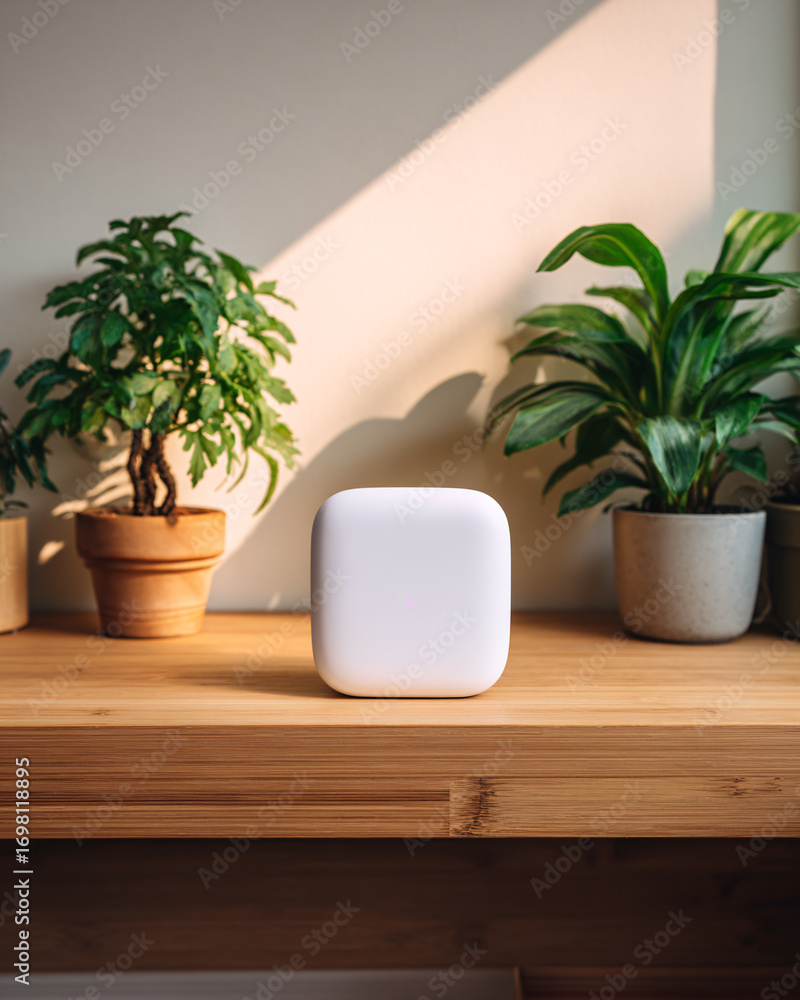 Fototapeta premium Smart Device on Wooden Shelf with Indoor Plants