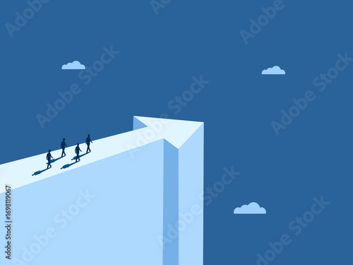 team of businessmen standing on a cliff, arrows pointing a new direction