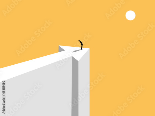 Success, businessman standing on a cliff, arrows pointing a new direction