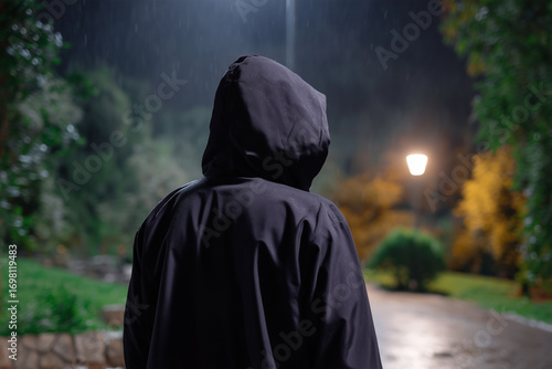 Person in dark hoodie walking in a rainy park at night