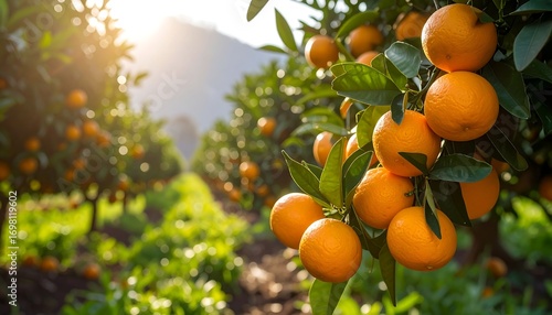 Lush orange grove in sunlight