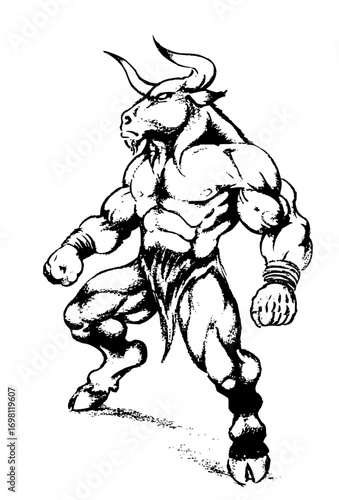 Powerful minotaur warrior preparing for battle, Greek mythology creature illustration design