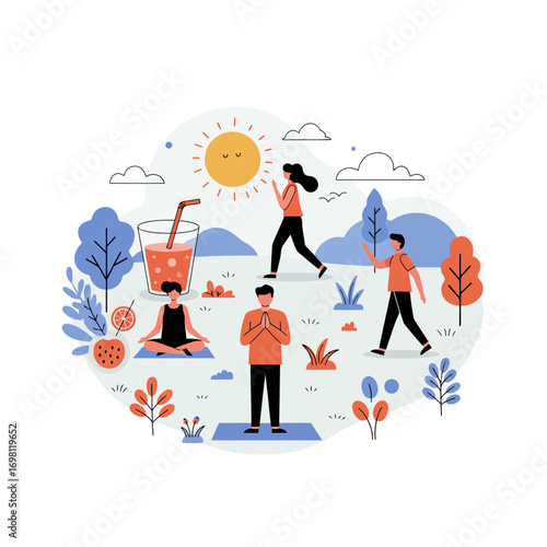 Embracing a balanced life through outdoor exercise, meditation, and healthy habits in a vibrant park illustration