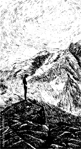 Lone figure standing atop windswept mountain peak, contemplating nature's powerful forces