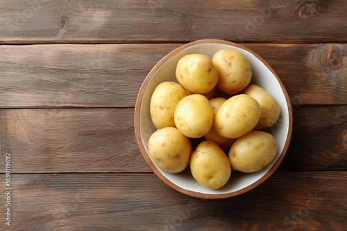 Freshly harvested potatoes arranged in a wooden bowl on a table