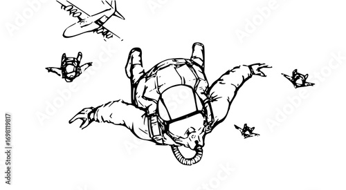 Skydivers soaring from airplane in dynamic freefall adventure, skydiving thrill seekers in air