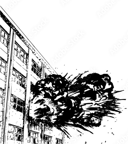 Dramatic monochrome building explosion conveys destruction and chaos in a bold graphic design
