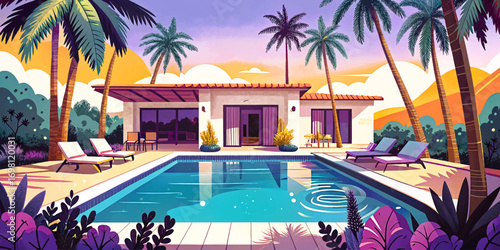luxury villa exterior featuring a swimming pool surrounded by elegant palm trees, designed for modern architectural projects, tropical artwork, vacation themes