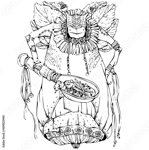 Whimsical character serving fantastical dish, perfect for storybooks and creative projects with unique charm