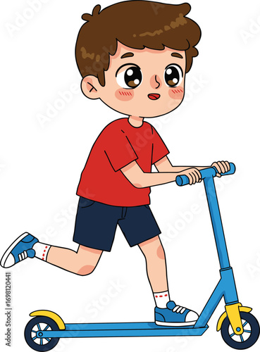 Cartoon boy riding scooter, kids on scooters, child outdoor play, blue kick scooter, red shirt, fun ride, active play