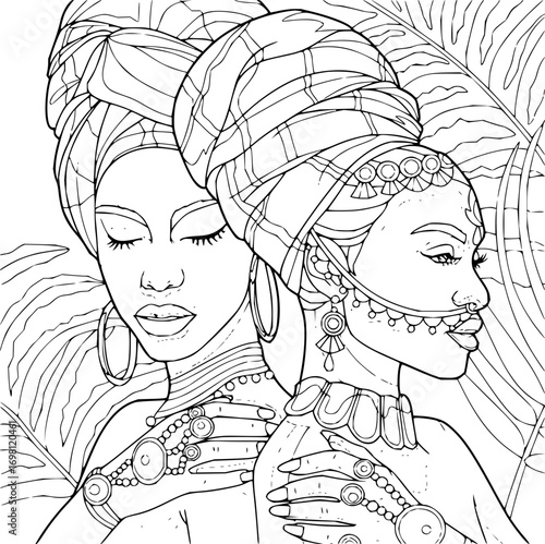 Elegant African women with headwraps and jewelry artwork for coloring book pages and creative projects