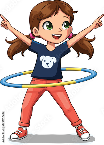 Cartoon girl hula hooping, kids exercise fun, girl playing outdoors, colorful hula hoop, active child, happy dance pose