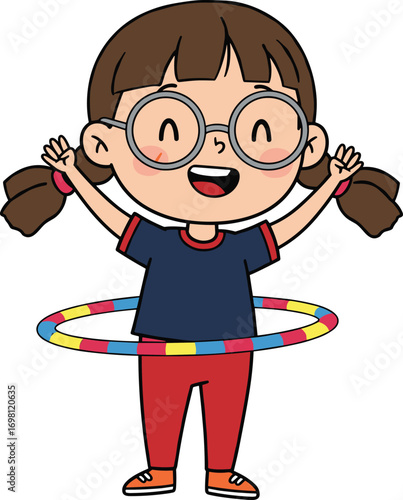 Cartoon girl with hula hoop, happy child exercising, fun fitness play, kid in glasses smiling, healthy active lifestyle