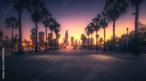 Cityscape sunrise with palm trees.