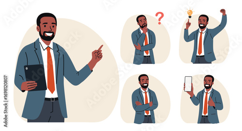 Business man.Set Different poses.Vector flat style cartoon illustration