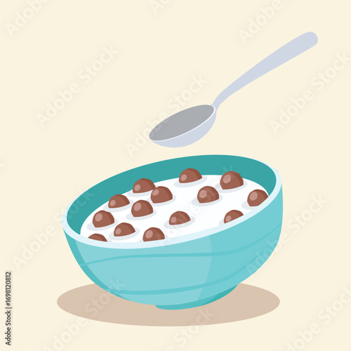 Vector illustration of crispy chocolate cereal balls in bowl with milk and spoon