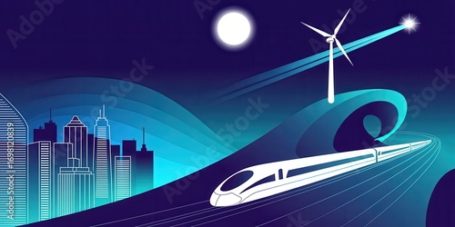 Modern high speed train travels fast in futuristic city powered by wind energy at night under the moon