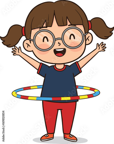 Cartoon girl with hula hoop, happy child exercising, fun fitness play, kid in glasses smiling, healthy active lifestyle