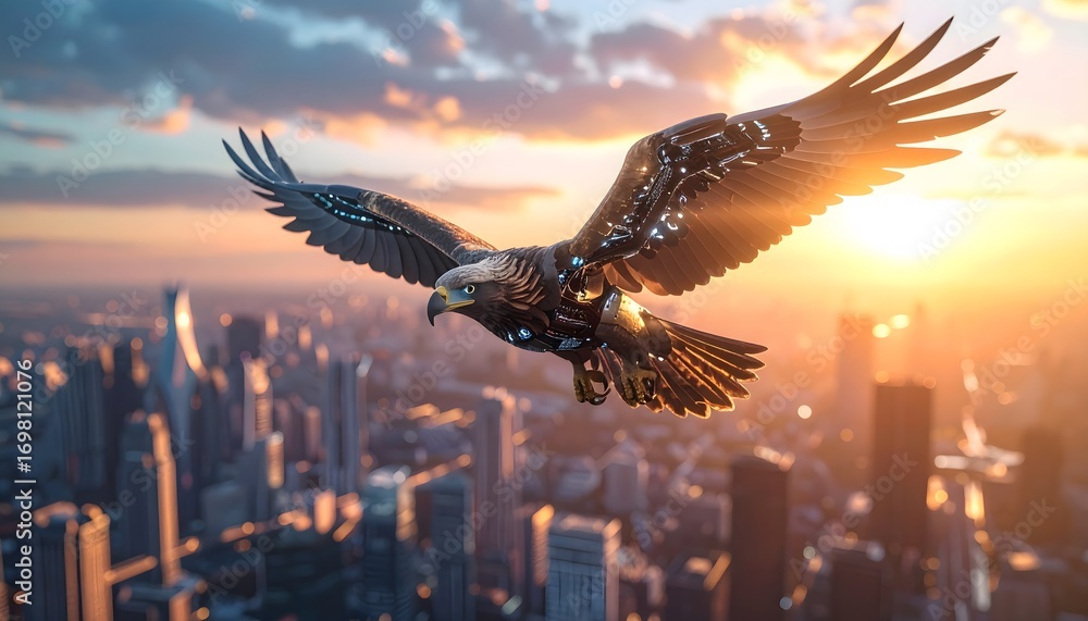 Obraz premium Cybernetic Eagle Soaring Over Cityscape at Sunset