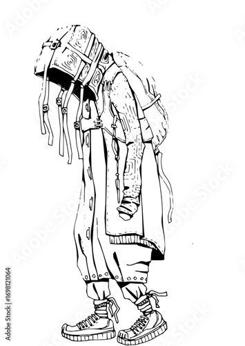 Detailed hand-drawn illustration of a figure in a unique outfit, showcasing modern urban style art
