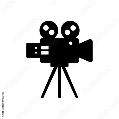 Silhouette of a vintage movie camera icon on transparent background