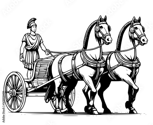 Bold illustration of a Roman chariot pulled by two horses for historical or educational projects