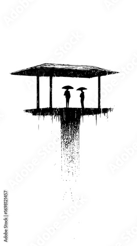 Stylized shelter with figures holding umbrellas in a rainy mood illustration art