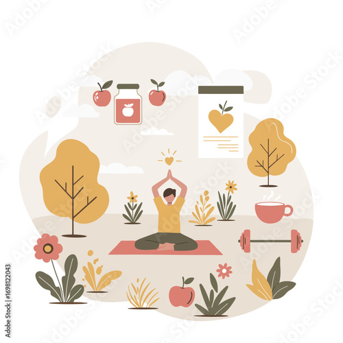 Vector illustration concept of a holistic approach to health, including meditation, nutrition, and exercise for personal well-being