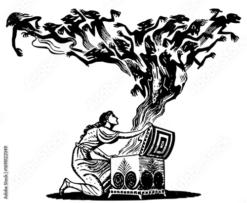 Pandora opening the box unleashing evils upon the world in vintage storybook style illustration