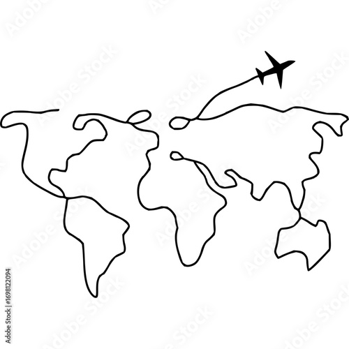 Travel the world with this minimalist map design, featuring a plane soaring across continents