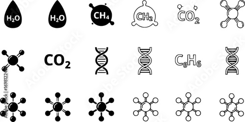 Molecule icon vector set in black flat and line stroke style