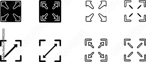 Fullscreen icon vector set in black flat and line stroke style

