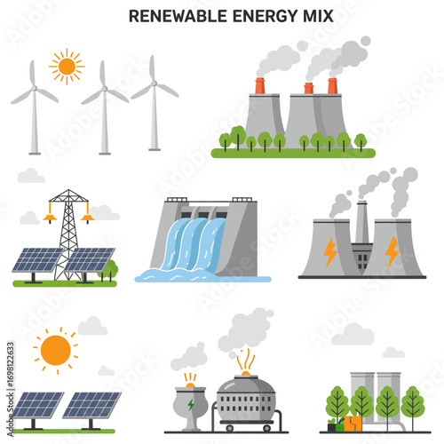 Collection of power generation icons showing a renewable energy mix, including solar, wind, hydro, and fossil fuel plants