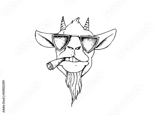 Cool goat with sunglasses smoking a cigar, an edgy mascot for your brand, in black and white