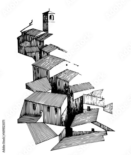 Architectural drawing of hillside town with church tower, great for detailed vintage designs
