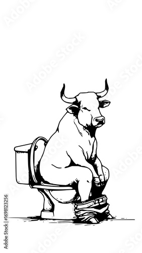 Hilarious bull on toilet cartoon illustration for edgy humor designs and unconventional art projects