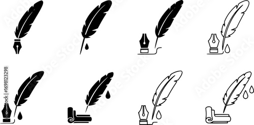 Quill icon vector set in black flat and line stroke style