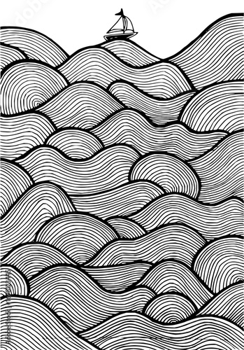 Nautical dreamscape with sailing ship on striped ocean waves, evokes peaceful travel and adventure