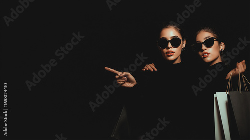 Stylish Elegance: two individuals exude effortless style, a sophisticated air, wearing sunglasses. Posing with shopping bags. perfect for fashion, style, and lifestyle imagery.