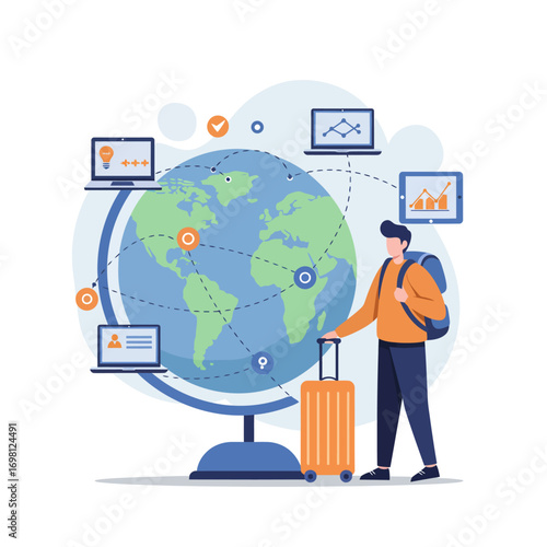 Illustration of a male traveler with luggage exploring global business opportunities and remote work possibilities