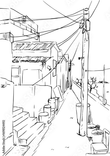 Hand drawn sketch of a rural village street scene with a utility pole and houses