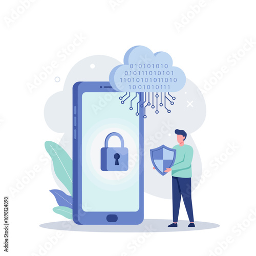 Cybersecurity concept with a user protecting cloud data and online privacy on a mobile smartphone
