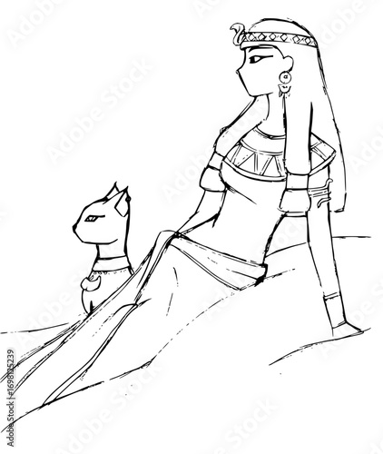 Elegant Egyptian queen with her cat, sketch style evokes ancient culture and timeless beauty