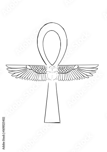 Striking Ankh symbol with wings, Ancient Egyptian culture and history, bold line art design